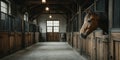 Modern stable interior with a stallion peering from its stall in a clean environment Royalty Free Stock Photo