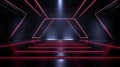 Modern stage background, dark minimalist room with red neon lighting. Futuristic design of empty studio, showroom interior.