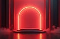 Modern stage design with red neon arch and circular podium. Empty space for product display and presentation. Dramatic red Royalty Free Stock Photo