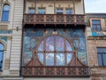 Modern stained glass window in Batumi. Stained glass in the building on the window Royalty Free Stock Photo