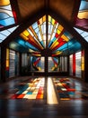 Modern stained glass window in the foyer. realistic light and shade