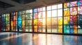 Modern stained glass windows with bright colored glasses in a modern building