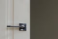 Modern stainless steel door handle on white wooden doors Royalty Free Stock Photo