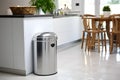 A modern stainless steel trash can in a contemporary kitchen. AI Generated Royalty Free Stock Photo