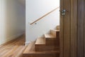 Modern staircase of oak wood beside front door horizontal