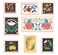 Modern Stamps With Fruits And Flowers Designs. Postmarks With Pomegranate, Orange Or Mandarin, Strawberry, Lemon