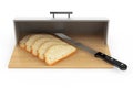 Modern steel bread bin with pieces of bread and knife