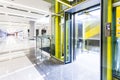 Modern steel elevator doors cabins in a business lobby or Hotel, Store, interior, office,perspective wide angle. Three elevators