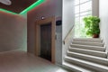 Modern steel elevator. Stairs, interior, office. perspective wide angle.