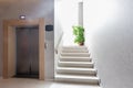 Modern steel elevator. Stairs, interior, office. perspective wide angle.