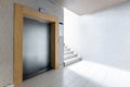 Modern steel elevator. Stairs, interior, office. perspective wide angle.