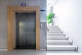 Modern steel elevator. Stairs, interior, office. perspective wide angle.