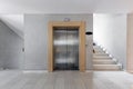 Modern steel elevator. Stairs, interior, office. perspective wide angle.