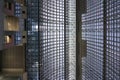 Modern steel and glass roof inside JR Kyoto train station, Japan.