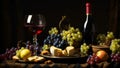 Modern still life with apples, pears, grape, bread and wine. Food and drink background.