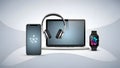 Modern Tech Devices Laptop, Smartphone, Watch, Headphones Royalty Free Stock Photo
