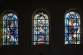 Stained-glass windows in St. Suitbertus Basilica in Dusseldorf-Kaiserswerth. Organ in catholic church of Kaiserswerth