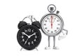 Modern Stopwatch Cartoon Person Character Mascot with Alarm Clock. 3d Rendering