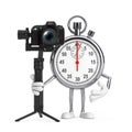 Modern Stopwatch Cartoon Person Character Mascot with DSLR or Video Camera Gimbal Stabilization Tripod System. 3d Rendering Royalty Free Stock Photo