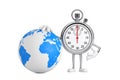 Modern Stopwatch Cartoon Person Character Mascot with Earth Globe. 3d Rendering