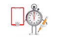 Modern Stopwatch Cartoon Person Character Mascot with Red Plastic Clipboard, Paper and Pencil. 3d Rendering