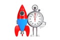 Modern Stopwatch Cartoon Person Character Mascot with Cartoon Toy Rocket. 3d Rendering
