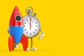 Modern Stopwatch Cartoon Person Character Mascot with Cartoon Toy Rocket. 3d Rendering