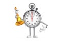 Modern Stopwatch Cartoon Person Character Mascot with Vintage Golden School Bell. 3d Rendering