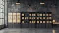 Modern storage room with black shelves and cardboard boxes, featuring industrial design and ample natural light Royalty Free Stock Photo