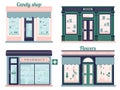 Modern stores set. Candy shop facade and urban book store. Local retail pharmacy and flowers boutique. Outdoor storefront vector Royalty Free Stock Photo