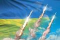 Modern strategic rocket forces concept on blue sky background, Ukraine supersonic warhead attack - military industrial 3D