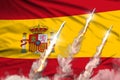 Modern strategic rocket forces concept on flag fabric background, Spain ballistic warhead attack - military industrial 3D