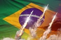 Brazil ballistic missile launch - modern strategic nuclear rocket weapons concept on sunset background, military industrial 3D