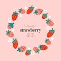 Modern strawberry frame border, vector background with hand drawn berries, copy space template, place for your text