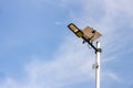 A modern street LED lighting pole. Urban electro-energy technologies. Poles on the road with LED light. Outdoor lighting strong LE Royalty Free Stock Photo