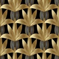 Modern striped flowers seamless pattern. Vector black floral background with gold 3d flowers, lines, oval striped shapes in