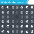 Modern, stroked Braille alphabet icons isolated on dark background