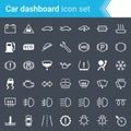 Modern, stroked car dashboard, indicators and service maintenance icons isolated on dark background.