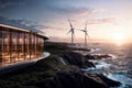 Glass Cliffside Building & Wind Turbines: Sunset Gradient Sky, generative ai Royalty Free Stock Photo