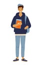 A modern student in casual clothes, with books and a backpack, a schoolboy. Standing male character in jeans and sweatshirt,