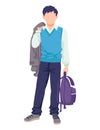 Modern student character boy standing wearing school uniform, male hold schoolbag and jacket cartoon vector illustration