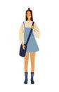 Modern student girl with bag, cute laughing standing schoolgirl, flat design. Back to school, education concept. Vector