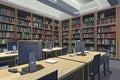 A modern student library with rows of bookshelves and computers for research and study. Generative AI Royalty Free Stock Photo