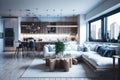 Modern Studio Apartament Interior, Living Room And Kitchen, Large Windows, Sofa and Table, Generative AI Royalty Free Stock Photo