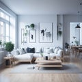 Modern Studio Apartament Interior, Living Room And Kitchen, Large Windows, Sofa and Table, Generative AI Royalty Free Stock Photo
