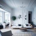 Modern Studio Apartament Interior, Living Room And Kitchen, Large Windows, Sofa and Table, Generative AI Royalty Free Stock Photo