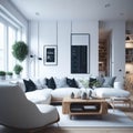 Modern Studio Apartament Interior, Living Room And Kitchen, Large Windows, Sofa and Table, Generative AI Royalty Free Stock Photo