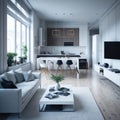 Modern Studio Apartament Interior, Living Room And Kitchen, Large Windows, Sofa and Table, Generative AI Royalty Free Stock Photo