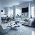 Modern Studio Apartament Interior, Living Room And Kitchen, Large Windows, Sofa and Table, Generative AI