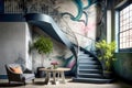 A modern studio apartment with graffiti textured wall, Generative AI